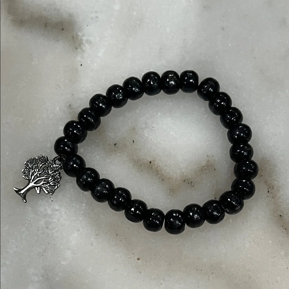 Black Beaded Bracelet with Tree Charm